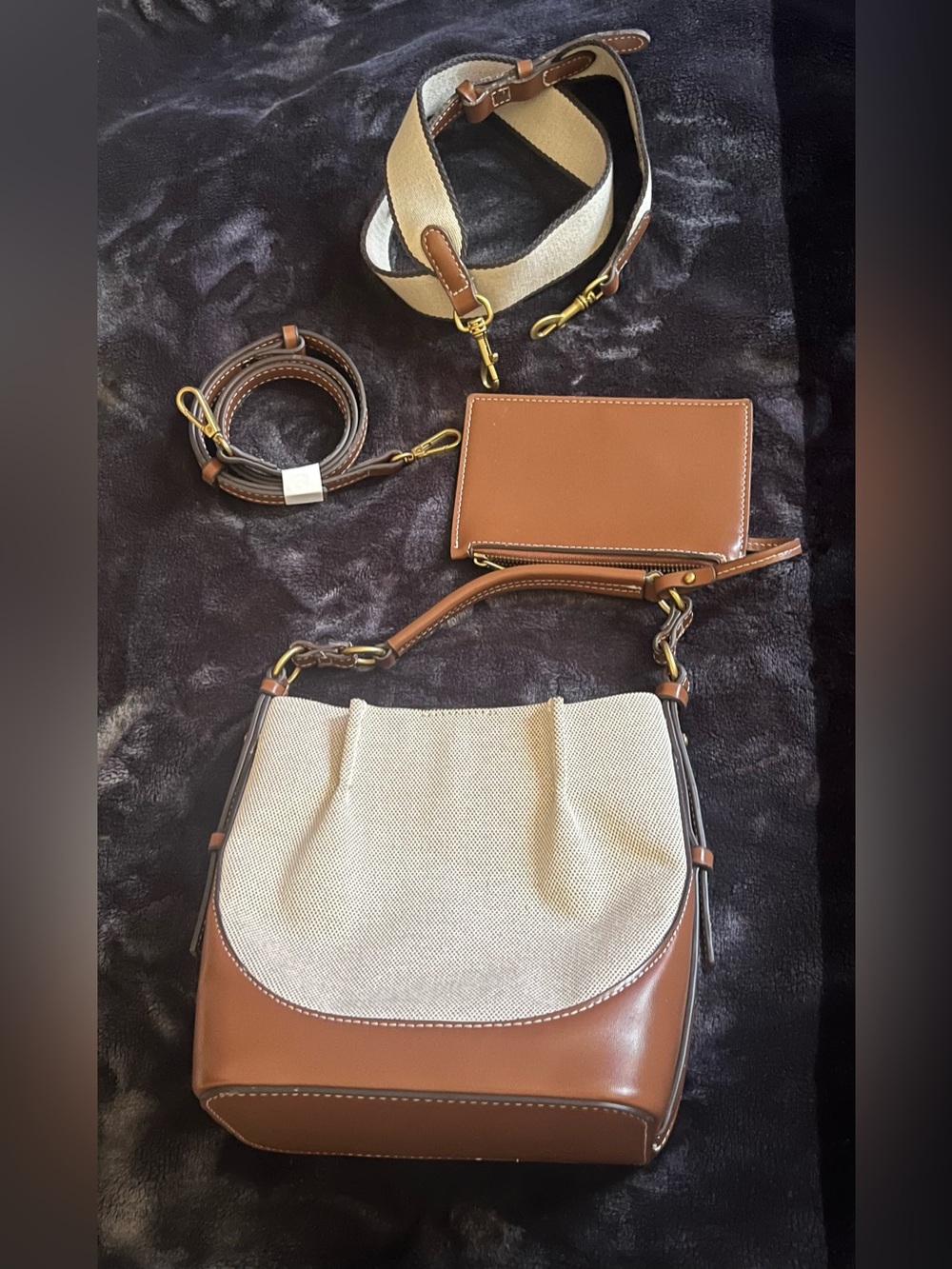 Canvas and Brown Faux Leather Crossbody Bag with Removable Strap